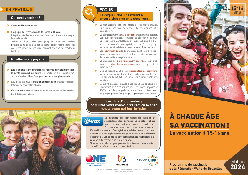 Téléchargez notre brochure La vaccination à 15-16 ans (pdf)