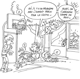 Illustration sous forme de BD représentant des enfants dormant dehors au sol, sur un arbre et dans un panier de basket face aux animateurs démunis du fait que le local de sieste soit fermé.